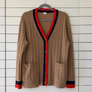 KULE The Sinclair Camel Cardigan with Red and Navy Accents